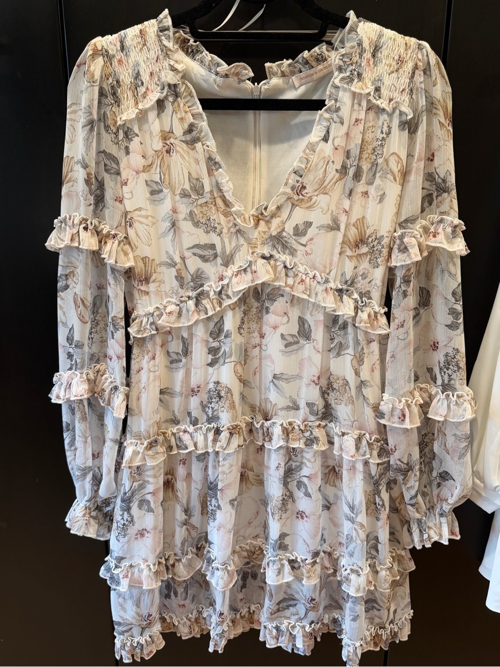 Cream Floral Ruffle Long Sleeve Dress